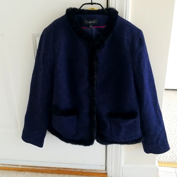 Talbots Navy Wool Blend Faux Fur Trimmed Jacket NWT size 12 - Picture 1 of 12
